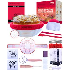 Premium Sourdough Starter Kit - Sourdough Bread Baking Supplies with Handmade 9" Indonesian Rattan Basket, Sourdough Starter Jar, Stainless Whisk, Silicone Sling, Stencils, Scoring Tools-20 Piece