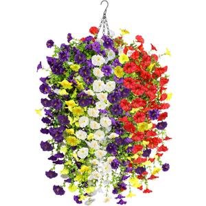 INQCMY Artificial Flowers for Outdoor Spring Summer Decoration Faux Silk Morning Glory Fake Hanging Flowers UV Resistant Look Real for Home Porch (10Pcs Purple&red&White&Yellow+1 Baske)