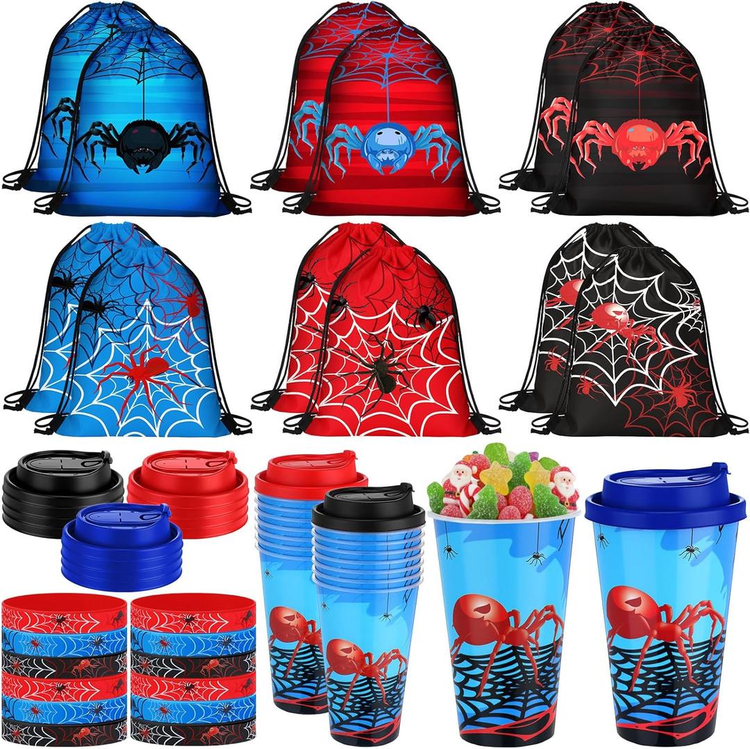 Potchen 48 Pcs Spider Party Favors Spiderweb Birthday Party Supplies Hero Decorations for Guests Including Drawstring Gift Bags Cups and Wristbands for Christmas Birthday Gift Favors (Blue, Red, Black)