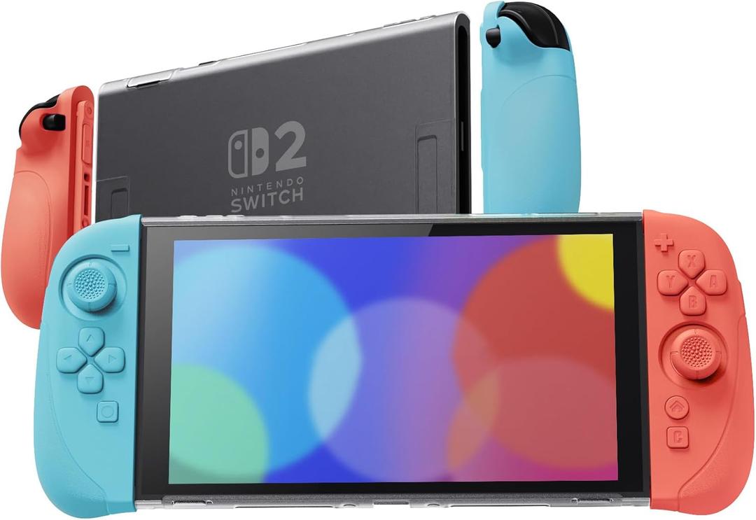 PlayVital Ranger Grip Case for Nintendo Switch 2 with Stand | Ergonomic Silicone Grips, Dockable Hard Shell, 4 Thumbstick Caps | Quick-Release-Joycon Design Full-Body Protective Cover, Blue & Orange