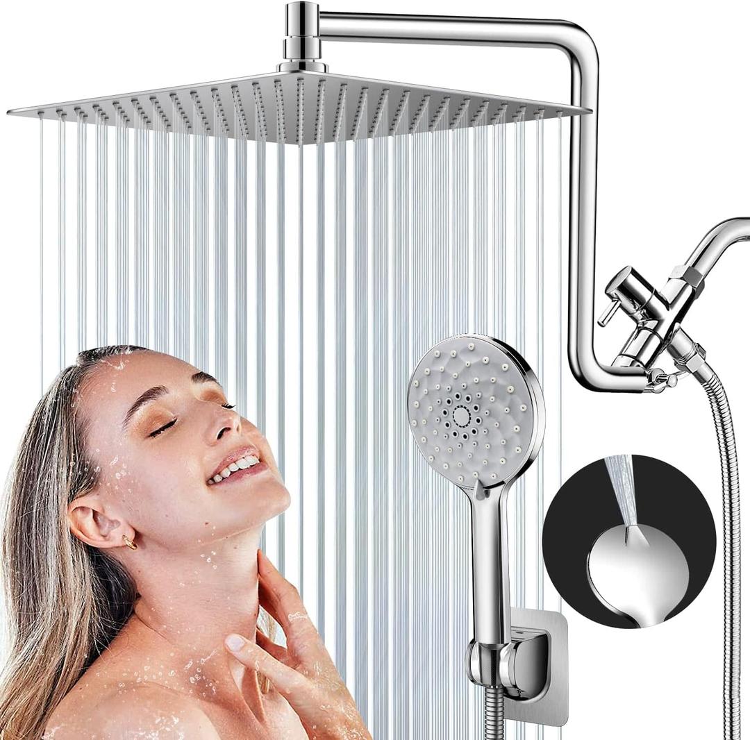 PinWin 12'' Dual Shower Head with Adjustable Extension Arm and 6-Setting Handheld Shower Head Combo