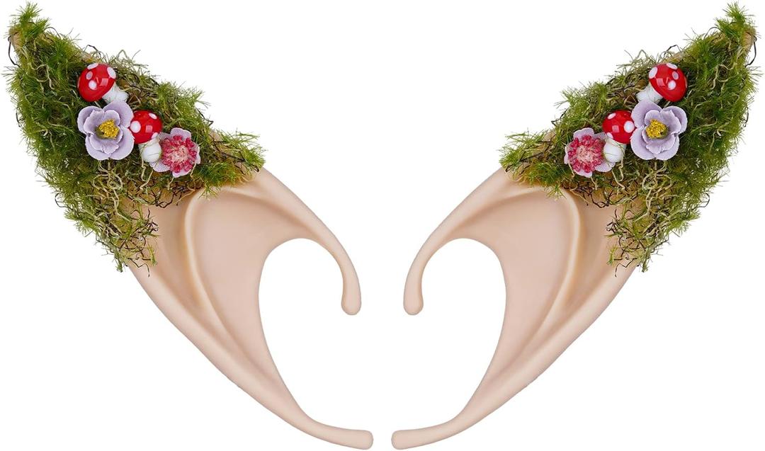 2 x FRESHME Mushroom Elf Ears Adult - Handmade Soft Pixie Fairy Ears with Moss Mushroom and Flower Non Piercing Woodland Forest Elven Ear Cuff for Women Christmas Renaissance Halloween Cosplay Accessories