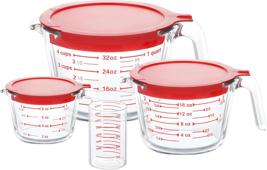 KOMUEE 4 Piece Glass Measuring Cups Set, 5 Oz, 1-Cup, 2-Cup, 4-Cup Liquid Measuring Cups with Lids for Kitchen, Freezer and Microwave Safe