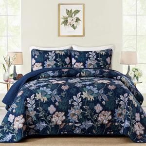WONGS BEDDING Floral Quilt Set King Size, Navy Blue Botanical King Bedspread Bedding Sets, 3 Pieces Quilt Set with 2 Pillowcases,Soft Lightweight Microfiber Coverlet Set for All Season(104"X90")