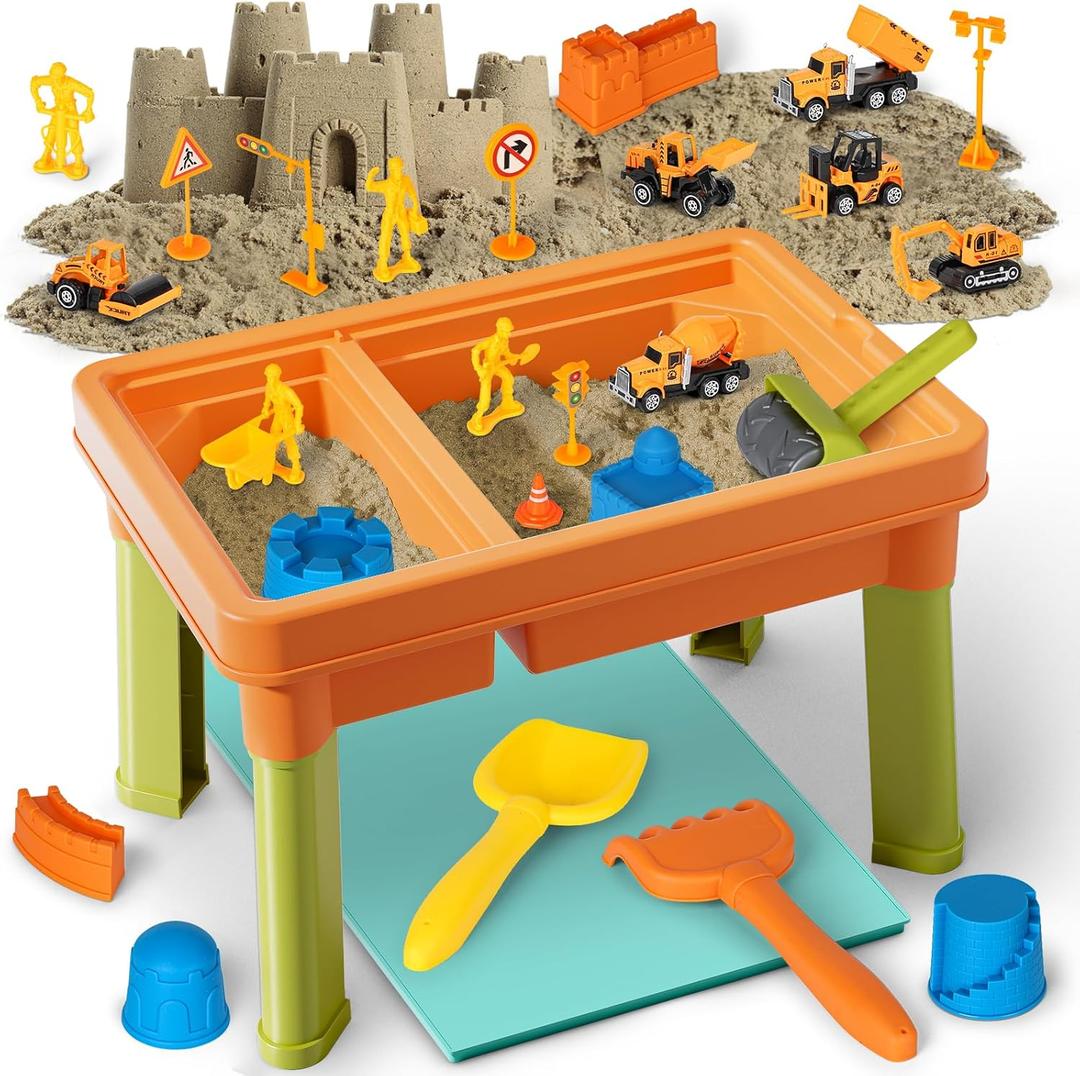 Lehoo Castle Sensory Table with Sensory Sand, Indoor Sensory Bin with Lid & 2.6lbs Play Sand, Construction Kit with 6 Alloy Trucks & Castle Molds, Sensory Toys for Toddler Boys and Girls