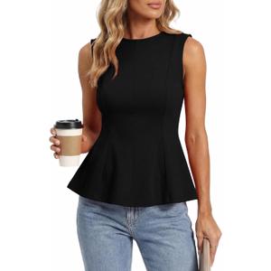 BTFBM Womens Summer Tops 2026 Business Casual Outfits Crew Neck Sleeveless Shirts Slim Fit Peplum Tank Top (Medium, Black)
