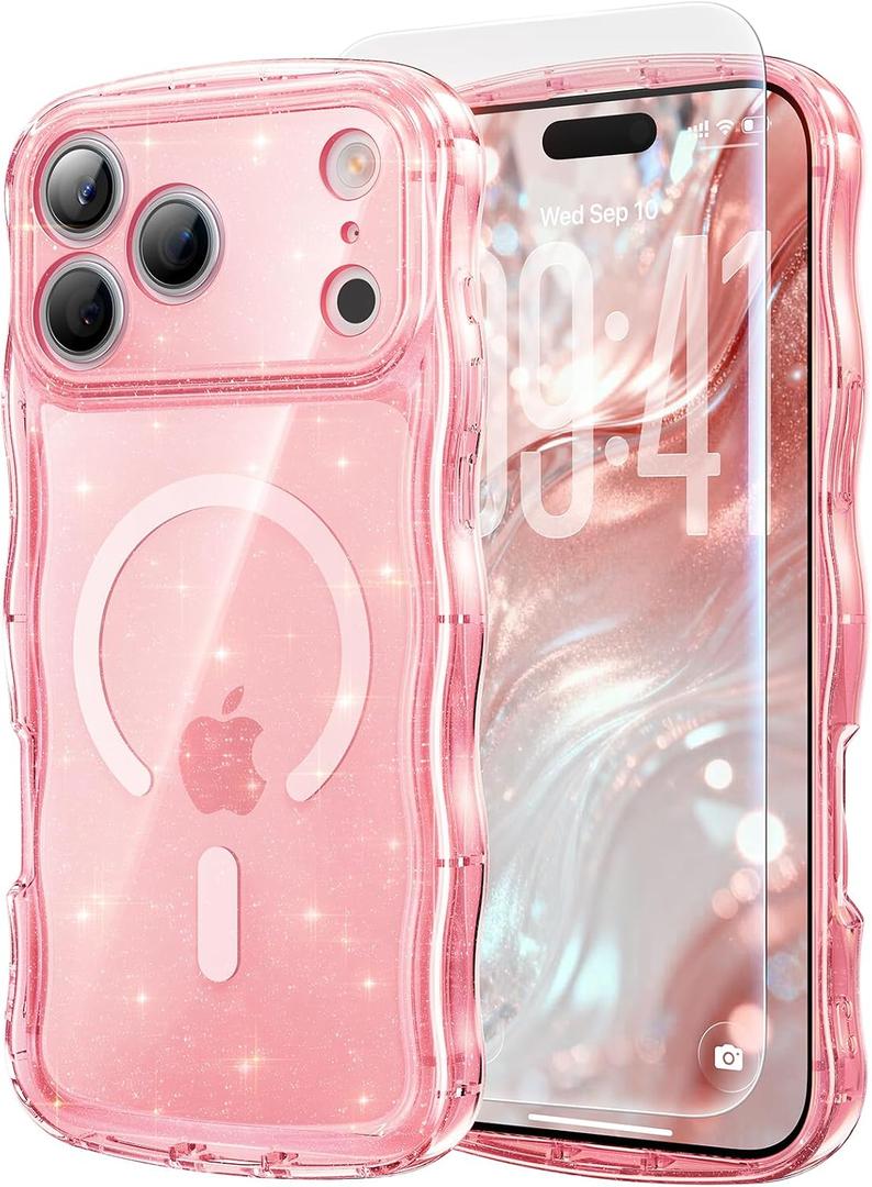 3 in 1 Magnetic for iPhone 17 Pro Max Case, Sparkly Bling Glitter Cute Curly Wave [Fit for MagSafe] 1X Screen Protector+1X Wrist Strap, Trendy Women Girly Clear Case for 17 ProMax 6.9", Pink Clear