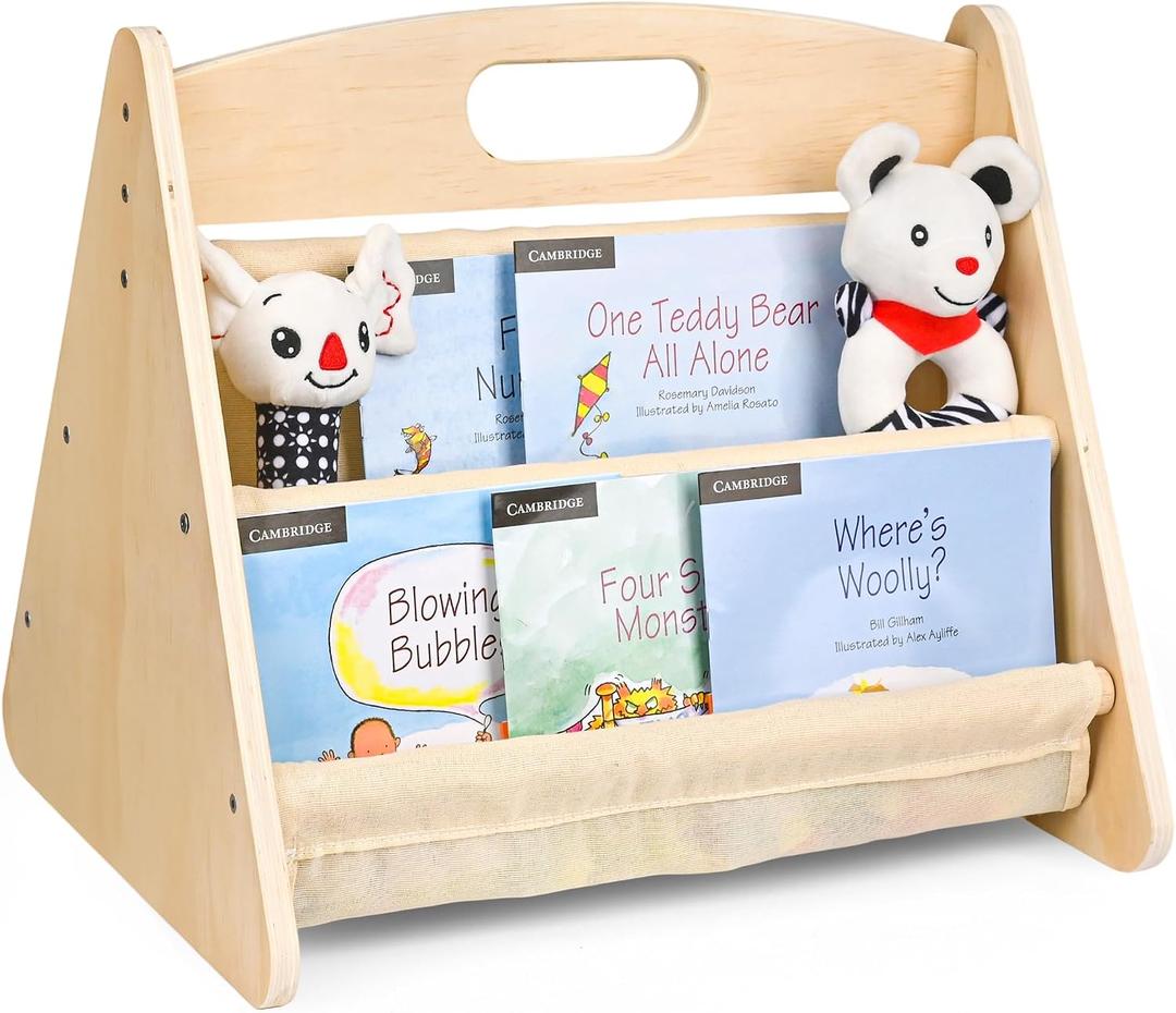 AZSKY Double-Sided Toddler Bookshelf for Kids, Montessori Bookshelf to Display Books, Sling Book Rack Organizer, Playroom Classroom Nursery Book Shelves, Wooden Kid Bookcase for Baby Girl BoyBeige