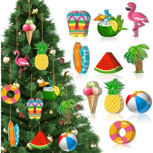 Chunful 30 Pieces Summer Tree Ornaments Christmas in July Wood Hanging Decoration Beach Wooden Slices Winter Tree Ornaments with String for Luau Hawaiian Party Supplies (Cute Style)