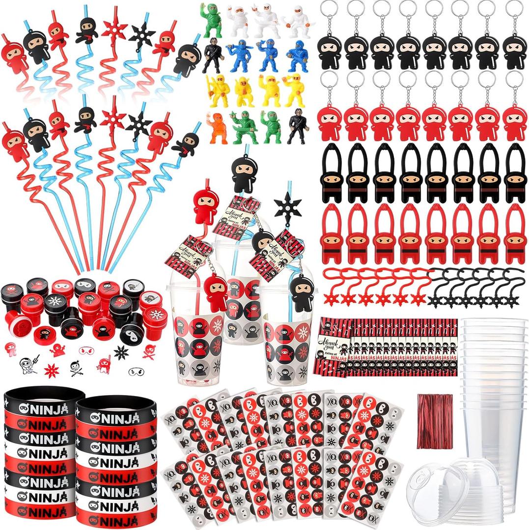 161 Pcs Ninja Party Favors Include Cups with Lids Straws Ninja Figurines Stretchy Flying Stars Slingshots Keychains Silicone Wristbands Stickers Stamp Thank You Tag for Birthday Party