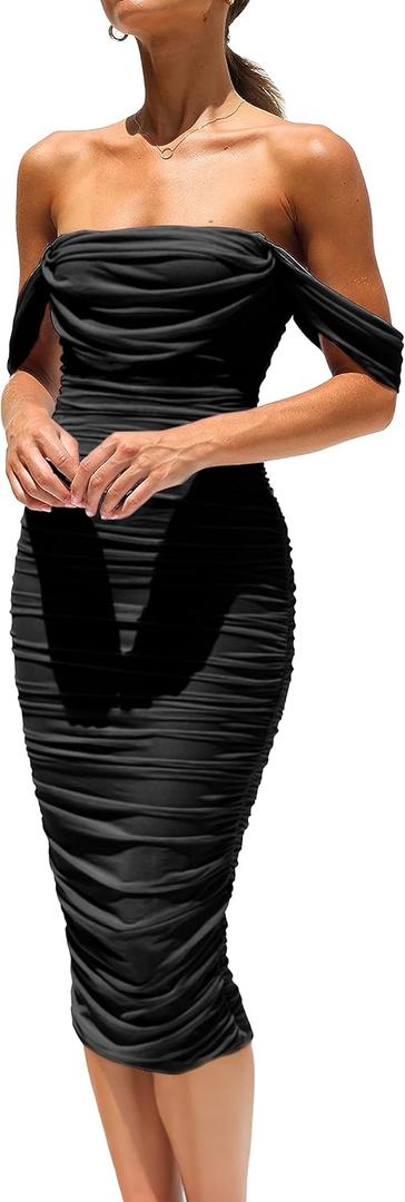 PRETTYGARDEN Summer Wedding Guest Dresses for Women 2026 Off the Shoulder Ruched Bodycon Spring Midi Cocktail Party Dress (Medium, Black)