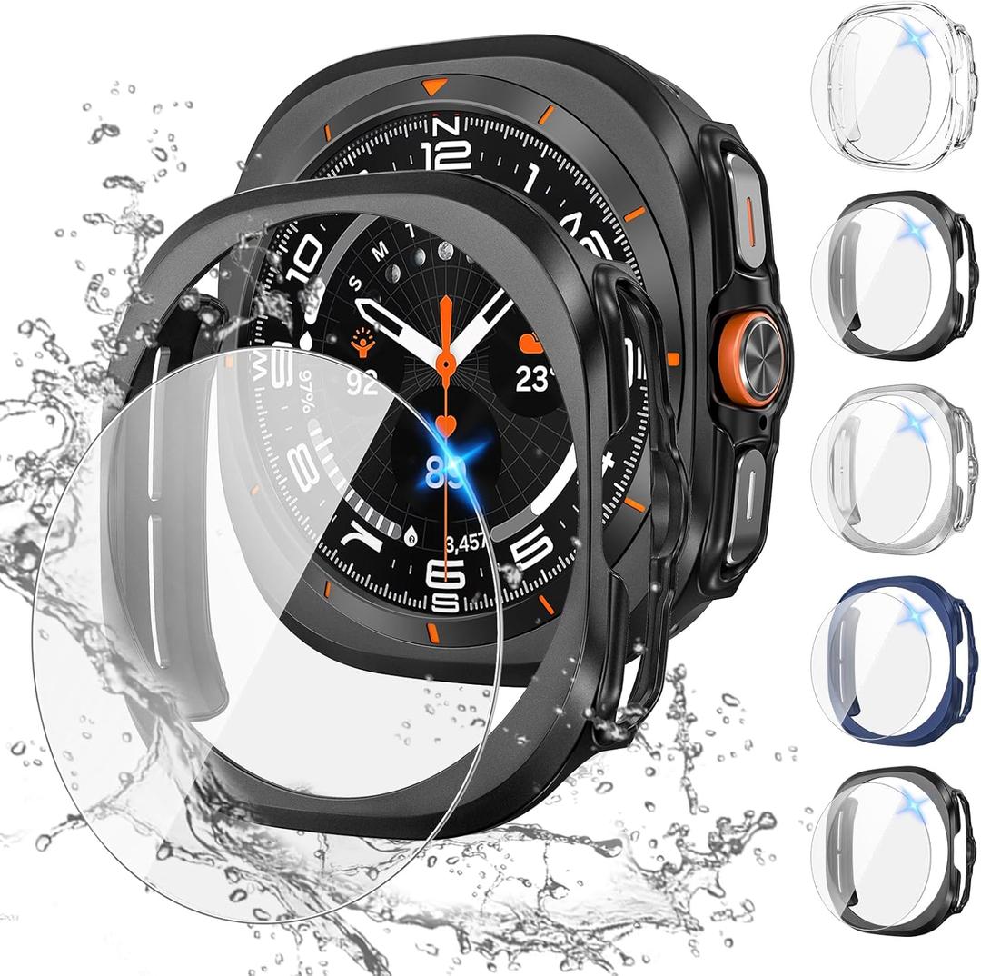 Tensea [5+5Pack for Samsung Galaxy Watch Ultra 2025 / Galaxy Watch 7 Ultra 2024 47mm Accessories, Hard PC Bumper/HD Anti-Fog Tempered Glass Protective Film, Face Cover Set for Women Men (Clear/Black/Black/Silver/Blue)