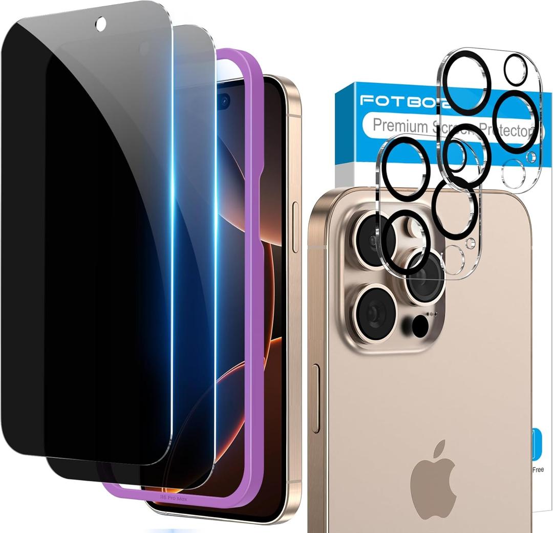 Fotbor for 2Pack iPhone 16 Pro Privacy Screen Protector with 2Pack Camera Lens Protector, Anti Spy 9H+ Tempered Glass with Easy Installation Kit, No Bubble