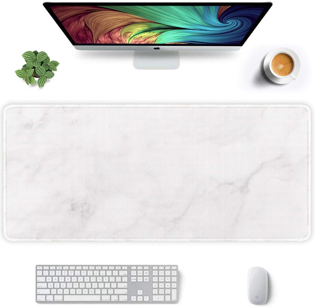 Auhoahsil Extended Mouse Pad, XXL Gaming Mouse Pads, Large Big Mousepad Laptop Computer Keyboard Mat Desk Pad with Non-Slip Base and Stitched Edge for Gaming Office, 35.5 x 15.7 inch, White Marble