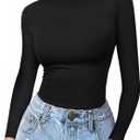 MANGOPOP Crew Neck Long Sleeve T Shirts for Women Fitted Shirts Tight Neck T Shirts Basic Tee Tops (Large, A01black)