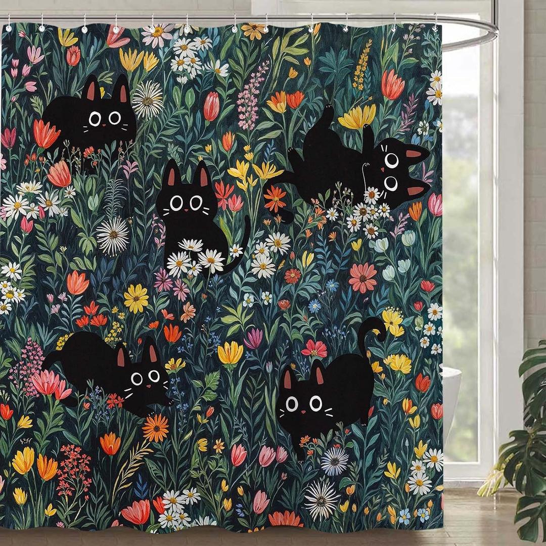 Cute Cat Shower Curtain Funny Black Cats Boho Floral Daisy Flower Shower Curtains for Bathroom Fun Kitten Animal Wildflower Farmhouse Waterproof Fabric Bath Curtain Decor 72 X 72 Inches