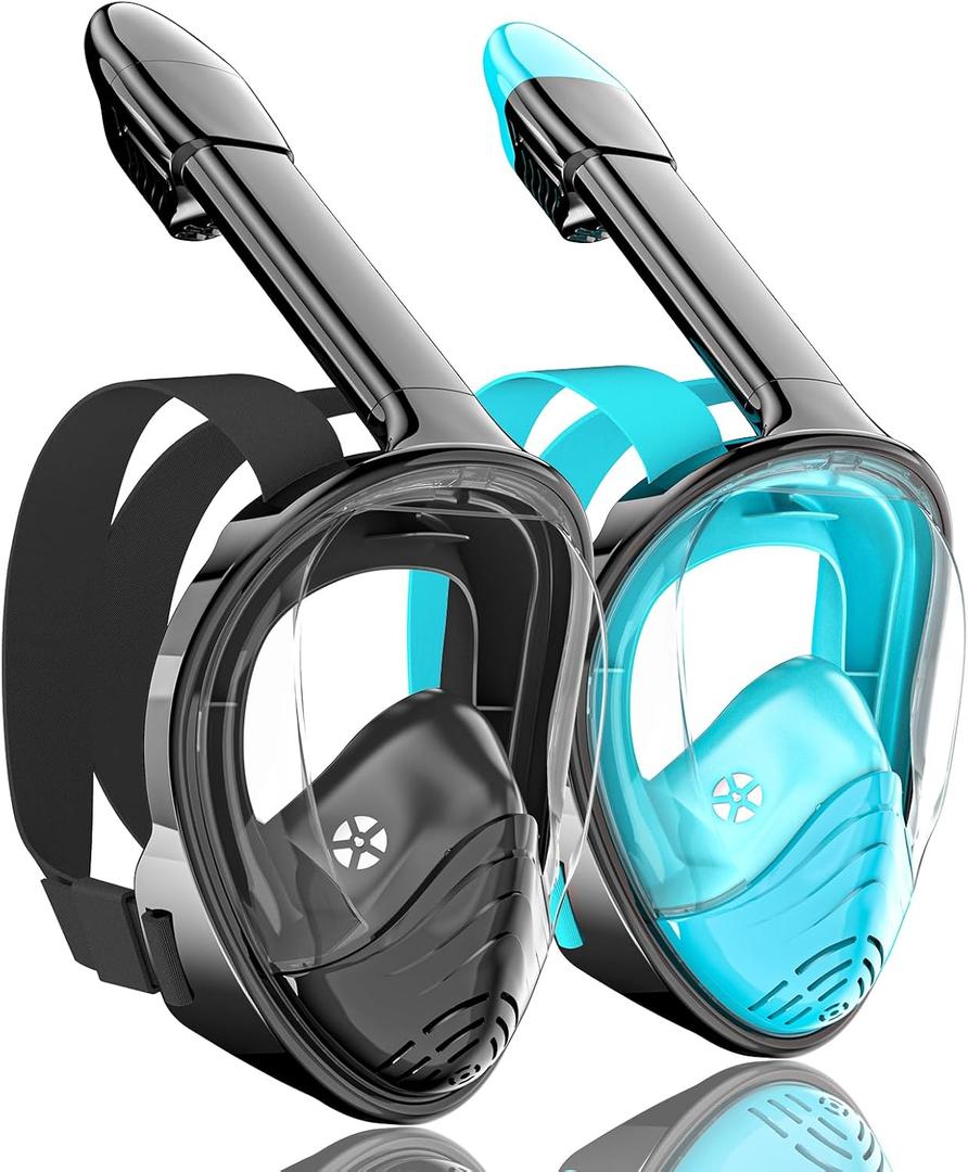 QingSong Full Face Snorkel Mask for Adults, Snorkeling Gear with Camera Mount, 180 Degree Panoramic View Snorkel Set Anti-Fog Anti-Leak (2 Pack - Black+Black Green), Size: S/M