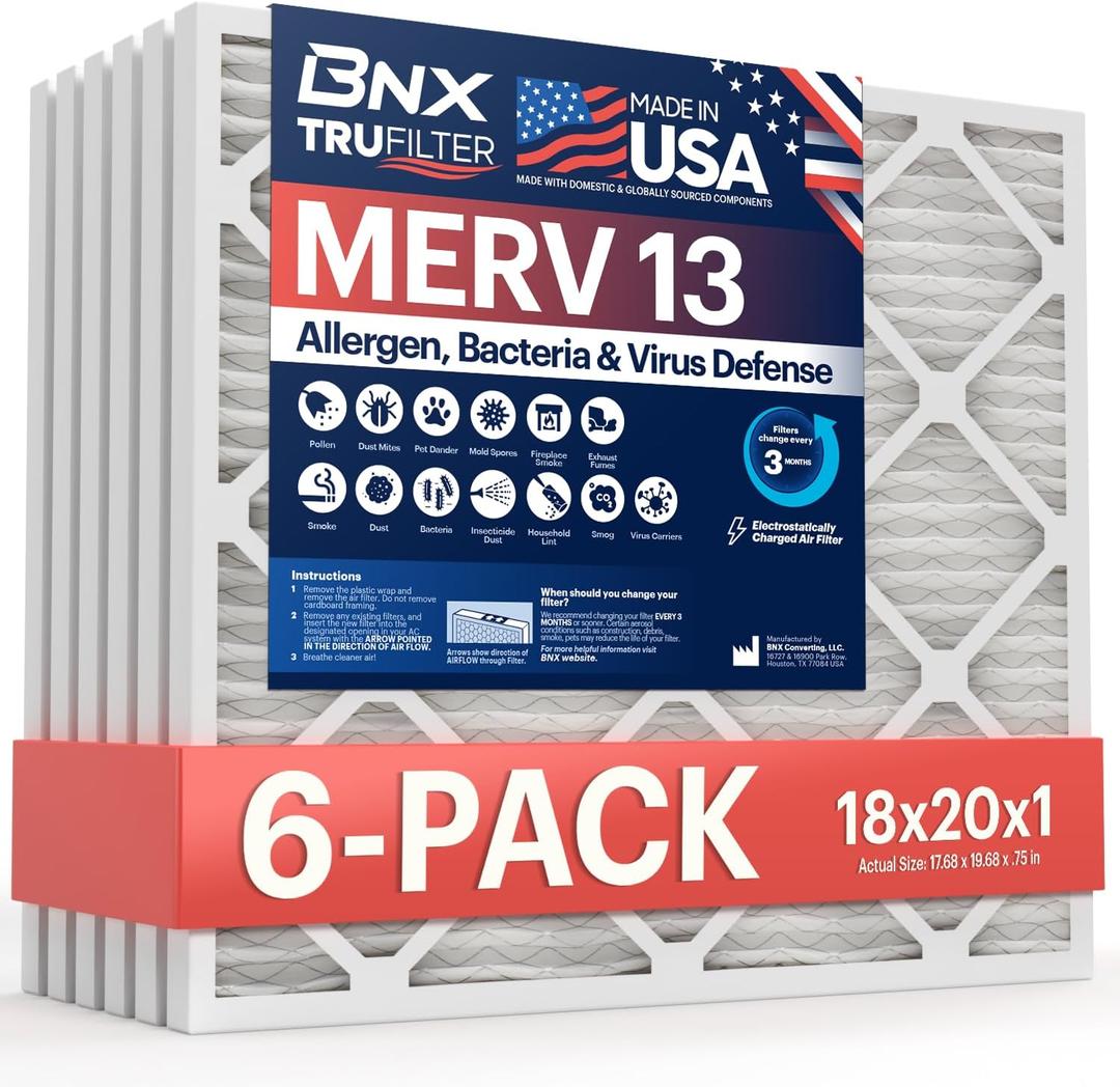 BNX TruFilter 18x20x1 Air Filter MERV 13 Smoke, Allergy, Pet Defense 6-Pack