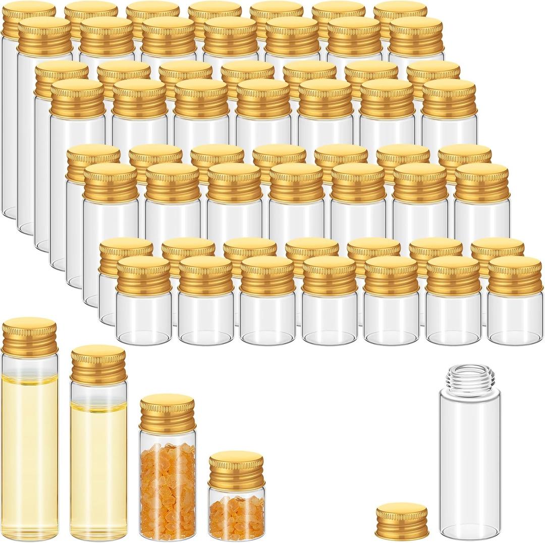 100 Pcs Small Clear Vials Spice Mini Jars with Lids Mini Glass Bottles with Screw Aluminum Metal Caps Tiny Jars Sample Containers for Powder Cream Cosmetic Jewelry Wedding (4 Size,Gold Caps)