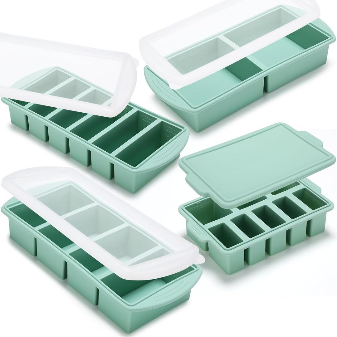 Soup Ice Cubes Silicone Freezer Molds Set of 4-with 1/5, 1/2, 1, and 2 Cup Silicone Freezer Trays with Lid Food Storage Container Cube Tray for Meal Prep, Freezing Sauces(Green)