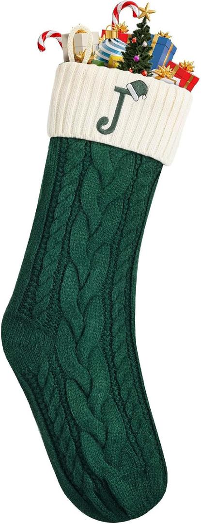 Mr. Pen- Christmas Stockings with Initials, 18", Letter J, Green and Cream, Cable Knit Stockings for Christmas, Cable Knit Christmas Stocking for Christmas, Large Knit Stockings Christmas