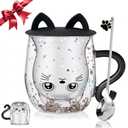 Gifts for Women Cat Gifts Double Walled Glass Coffee Latte Cup Cute Stuff Black Cat Mug Gifts for Her Christmas Stocking Fillers,Birthday,Valentines,Halloween Presents for Women,Men,Kid,Mum,Teacher