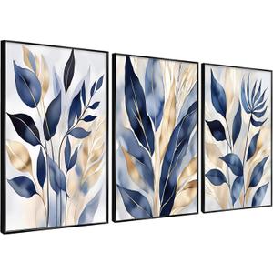 YOXORDQ 3Pcs Blue leaves Wall Art Abstract Blue Botanical Poster Prints Modern Minimalist Plant Canvas Picture for Living Room Bedroom Wall Decor 16x24in Unframed