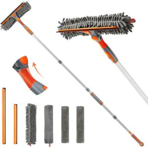 Eazer Squeegee Window Cleaner Tool 2 in 1 Rotatable Window Cleaning Squeegee Kit with Extension Pole, 62'' Window Washing Kit, Bendable Head for Home Car Glass - 4 Pads Orange Gray Silver