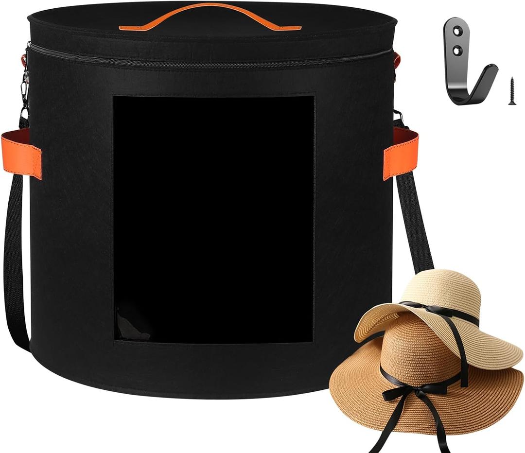 kushon Oversized Hat Storage Box for Women & Men19" D x 17" H Cowboy Hat Boxes with 1 Wood Hook Felt travel Round Hat Organizer Box with Dustproof Lid (Black)