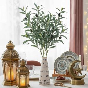 10 Pcs 12 Inch Ramadan Decoration Faux Olive Branches for Vases Eid Artificial Plants Olive Leaves Stems Ramadan Table Decor Eid Tabletop Greenery Centerpiece for Islamic Home Office Wedding Party