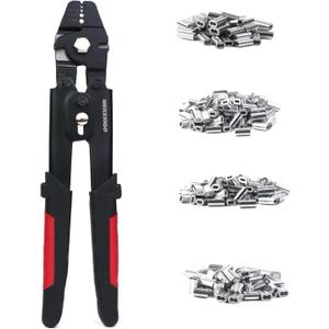 Wire Rope Swager Wire Rope Swaging Tool for Crimping Fishing Lines Up To 2.2mm with 200Pcs 4 sizes 1.0/1.2/1.5/2.0mm Aluminum Double Barrel Ferrule Crimping Loop Sleeve Kit(WKS-711K)