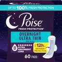 Poise Overnight Ultra Thin Incontinence & Postpartum Pads with Wings for Bladder Leaks, 8 Drop Extra Absorbent, Long Length, 60 Count (3 Packs of 20)