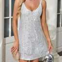 Trancylight Women's Glitter Sequin Dress Spaghetti Strap V Neck Party Cocktail Sparkly Mini Dress Clubwear (Silver, L)