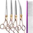 Fenice Peak 7 Professional Dog Grooming Scissors Set Rose Gold 440C Stainless Steel Straight Thinning Curved Chunker Shears 4pcs Set for Pet Grooming Services Dogs and Cats (Combo)