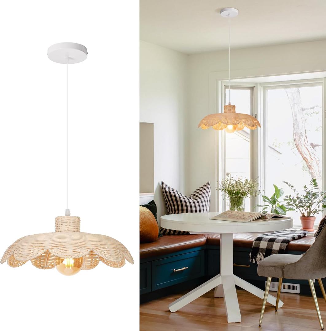 13.7" Boho Rattan Pendant Light，Adjustable Coastal Lamp Shade, Farmhouse Chandelier Vintage Hanging Lighting for Kitchen Island Bedroom Dining Room Living Room Restaurant Nursery