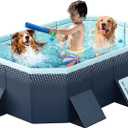 Large Foldable Swimming Kiddie Pool 83" L x 55" W x 22" H Hard Plastic Square Pool for Kids & Dogs, Reinforced Sidewalls for Backyard Use Blue, 83"×55"×22"