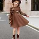 Arshiner Girls Knit Dresses Puff Long Sleeve Fall Winter Casual Holiday Sweater Dress with Pockets (Brown, S)