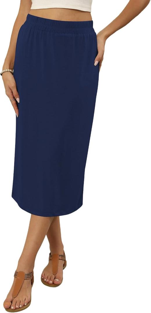 Naggoo Midi Skirts for Women Summer Elastic High Waisted Basic Straight Skirt with Slit (Blue, L)