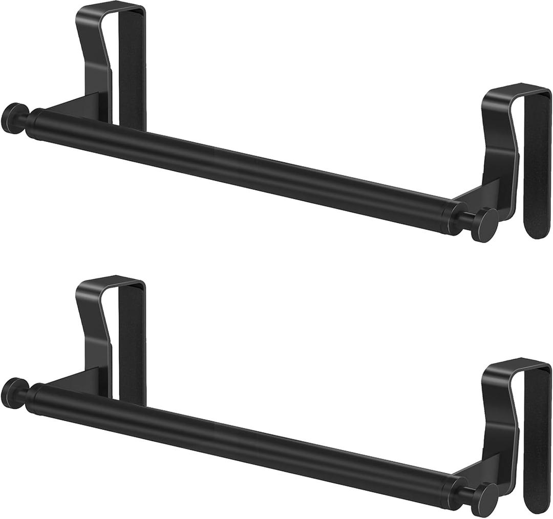 Over Cabinet Towel Holder, Stainless Steel Over The Cabinet Towel Rack Bars for Kitchen Cabinet Doors, Dish Towel Holder with Hooks, 2 Pack (Black)