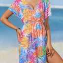 Women's Tropical Leaf Print V-Neck Beach Swim Cover-Up Short Sleeve Loose Fit (Tropical Multicolor, S) (S)