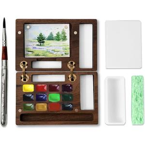 MEI COLOUR Travel Mini Watercolor Paint Set for Adult Artists, Wooden Pocket 12 Color Watercolors Portable Painting Kit Contains Pen Paper Sponge Wash Bucket Spring