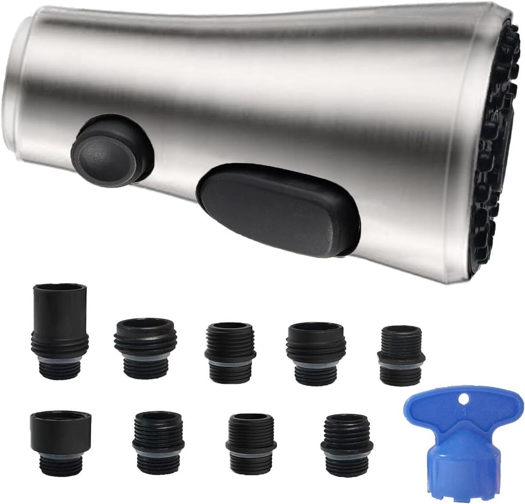 Pull Down Spray Head for Kitchen Faucet, 3 Modes with 9 Adapters, Faucet Head Replacement Compatible with Moen, American Standard, Kohler Faucets, Delta, Brushed Nickel