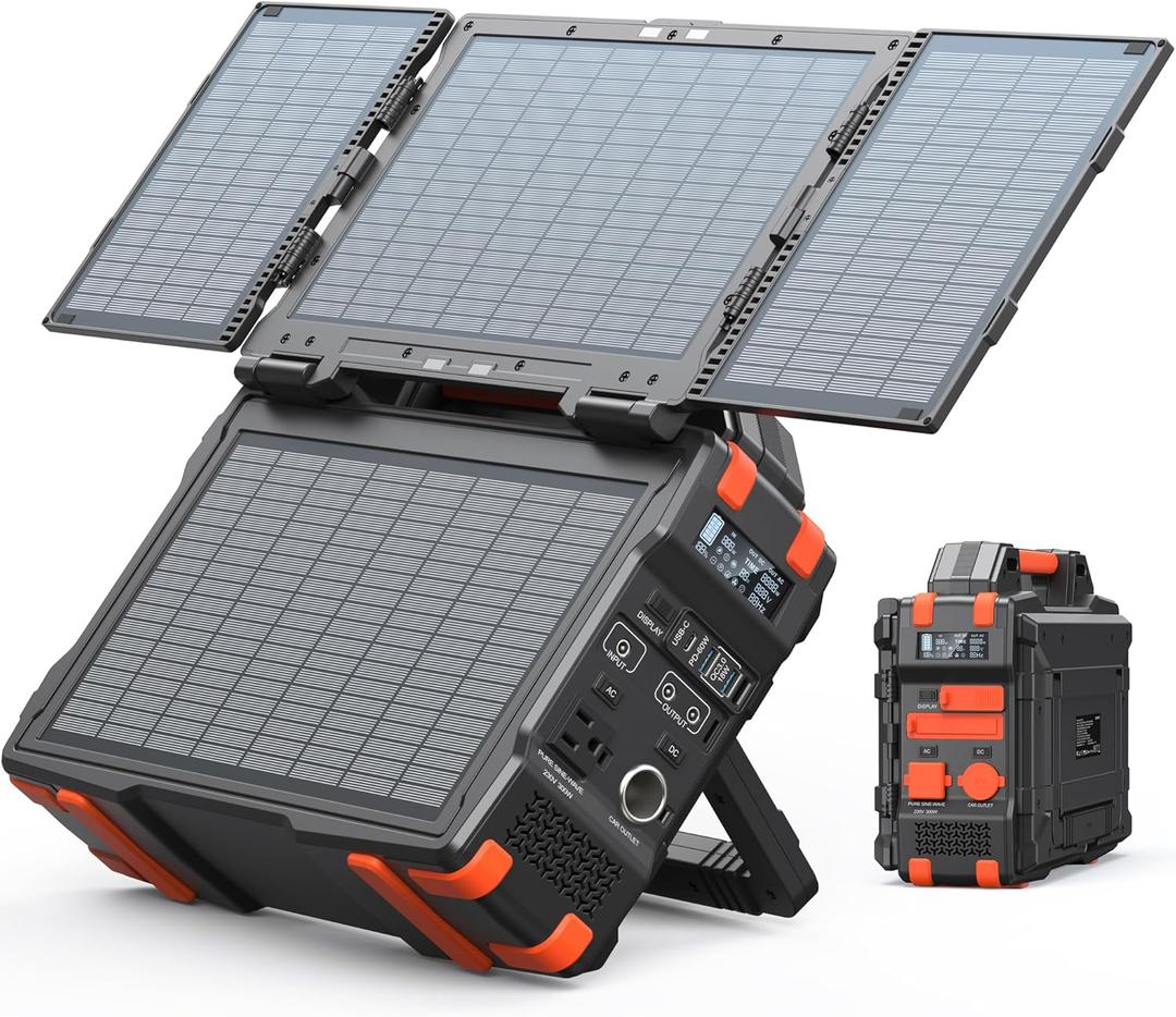 BROWEY Portable Power Station with Hidden Folding Solar Panel, Self-charge & Pass-through Charging, 284Wh Battery Backup, AC 300W(Peak 600W) / PD Output, Solar Generator for Outdoor/Camping/Home Use
