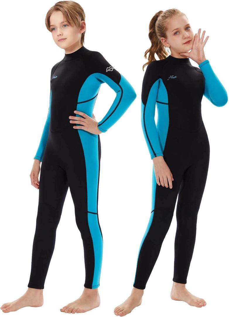 Hevto Kids Wetsuit for Boys Girls Toddler Youth 3mm Neoprene Full Wet Suits in Cold Water for Swimming Surfing Diving (10, K1-3mm-Back Zip-Blue)