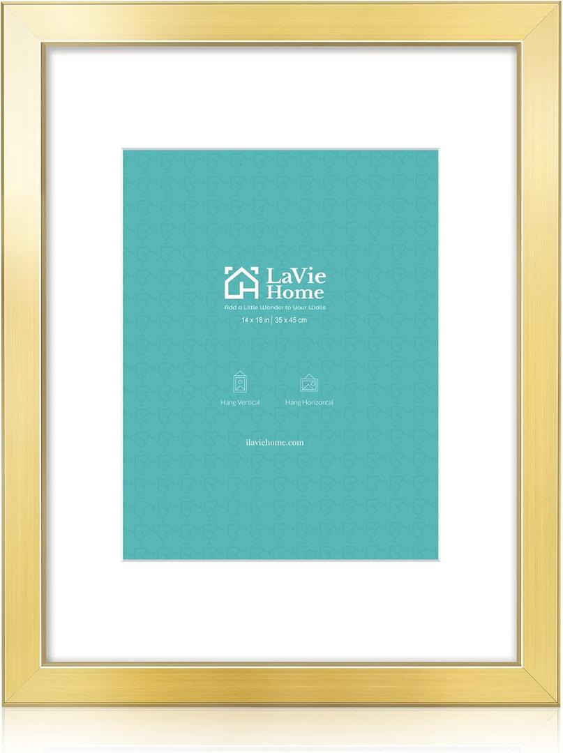 LaVie Home 14x18 Picture Frame Gold Poster Frame,Display Pictures 12x16 with Mat or 14x18 Without Mat, Stable and Sturdy Frame and Polished Plexiglass, Horizontal and Vertical Format of The Walls