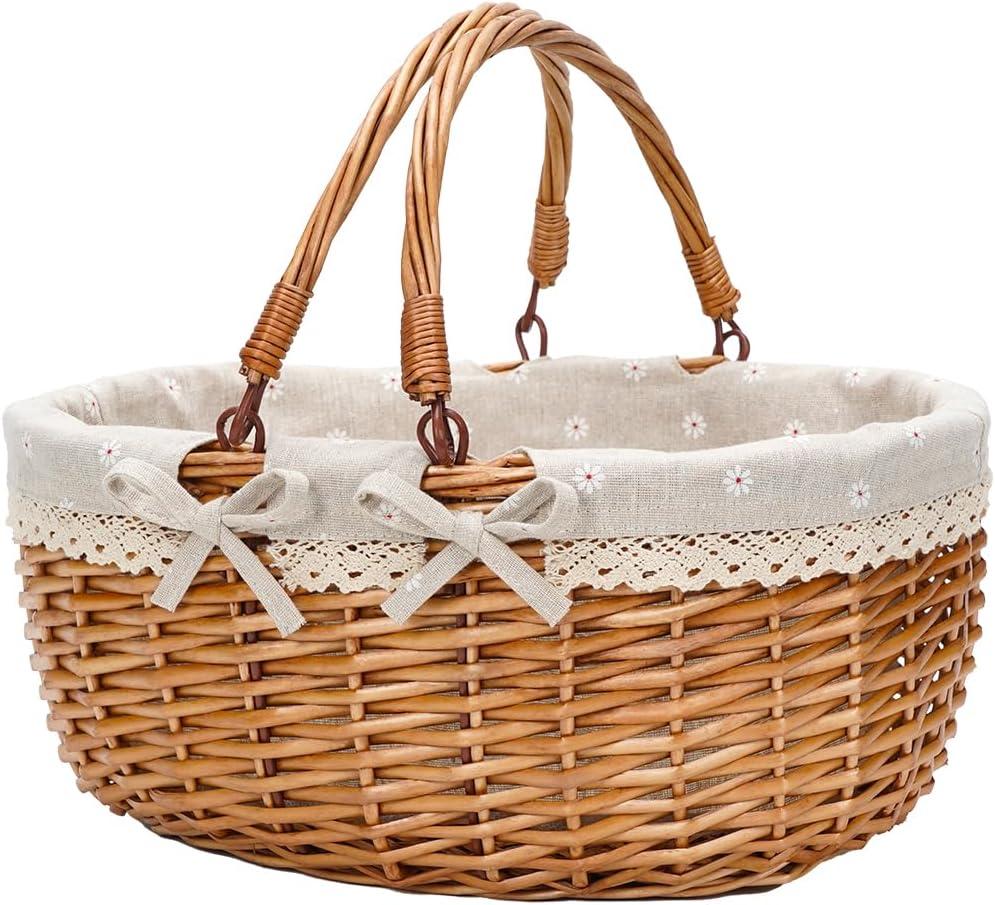 G GOOD GAIN Wicker Picnic Basket with Double Folding Handles,Willow Picnic Hamper,Natural Hand Woven Easter Basket,Easter Eggs and Candy Basket,Bath Storage,Gift Packing Basket.White