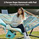 CHULIM Outdoor Double Hammock with Hardwood Spreader Bars, Large Rope Hammock with Polyester Pad and Pillow, 475 LBS Capacity for 2 Person Patio Backyard Poolside - Bule Stripe