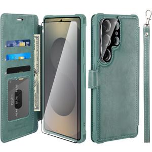 VANAVAGY Wallet Case for Galaxy S25 Ultra with RFID Blocking Card Holder, Folio Flip Leather Magnetic Phone Cover with Wrist Strap for Wireless Charging Case for S25ultra 6.9inch, Forest Green