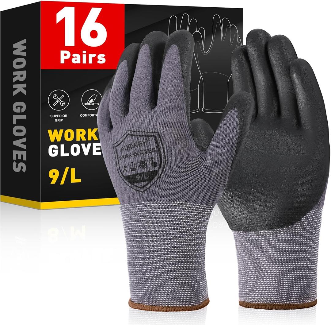 Safety Work Gloves-16/32 Pairs, Micro Foam Nitrile Coated Glove, Seamless Knit Nylon Gloves for Men Women (Small, Black Gray-16pairs)