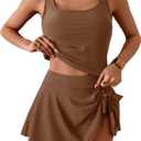 Eomenie Tankini Swimsuit for Women Tummy Control Two Piece Bathing Suit High Waisted Tank Top with Swim Skirt (Small, Brown)